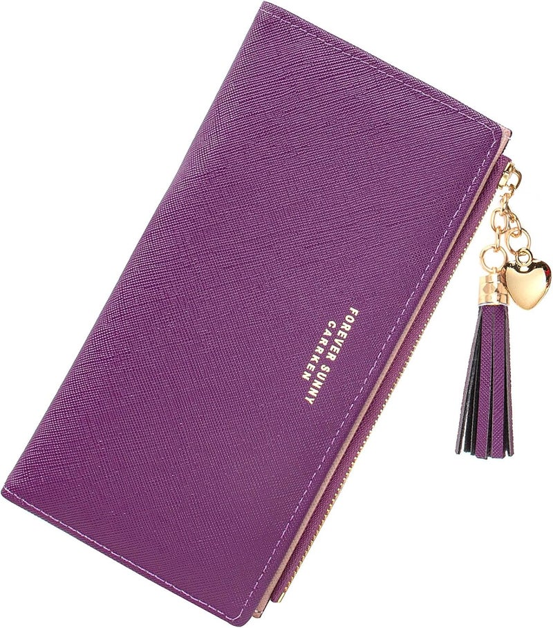 KOTORA Womens Slim Wallet Girls Thin Wallets Pretty Mini Long Card Holder Small Tiny Clutch Zip Purse Love Pendant Tassels Billfold (Purple) - Image 2